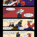 Fox wandering in, clipboard or something. Kink is topless, leaning against the concession counter, fanning herself. Tristan has ears pulled down over his eyes, has gone “tharn.” Fox over loudspeaker. “Could I get maintenance to my office. Candy, please join us.” Kink perking up, customer looking on surprised. Mike looks disappointed. “aaw.” Candy leaning on desk, Fox behind it looking down/covering eyes, Kink from behind, still topless. Fox: “Ok, I’m sure I don’t have to explain why this is a uniform violation.” Kink: But it’s so HOT in the booth!” Fox, still head down, Candy smirking at him. Kink pouting. Fox “Can you at least get her a sports bra or something?” Candy “Are you sure? It IS hot…” Fox “...” “...” “...” very small “yes I’m sure.”